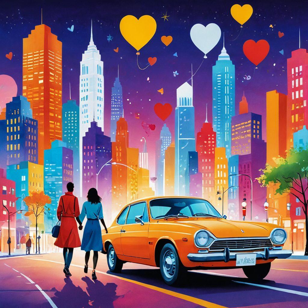 A loving couple holding hands while exploring a vibrant city skyline, surrounded by various symbols representing essential insurance policies like health, auto, and home. The scene conveys warmth and partnership, with bright colors and a sunny atmosphere, illustrating the journey of life they navigate together. digital illustration. vivid colors. white background.