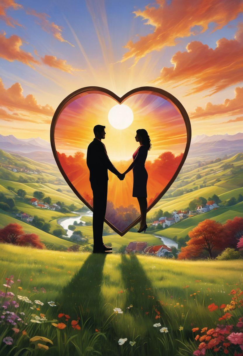 A heart-shaped shield symbolizing protection, surrounded by couples of diverse backgrounds holding hands, with a backdrop of calming landscapes and bright skies representing hope. Incorporate subtle elements like home icons and medical symbols merging into the shield to highlight insurance coverage. The scene emits warmth and resilience, conveying strength in love and security. super-realistic. vibrant colors. serene background.